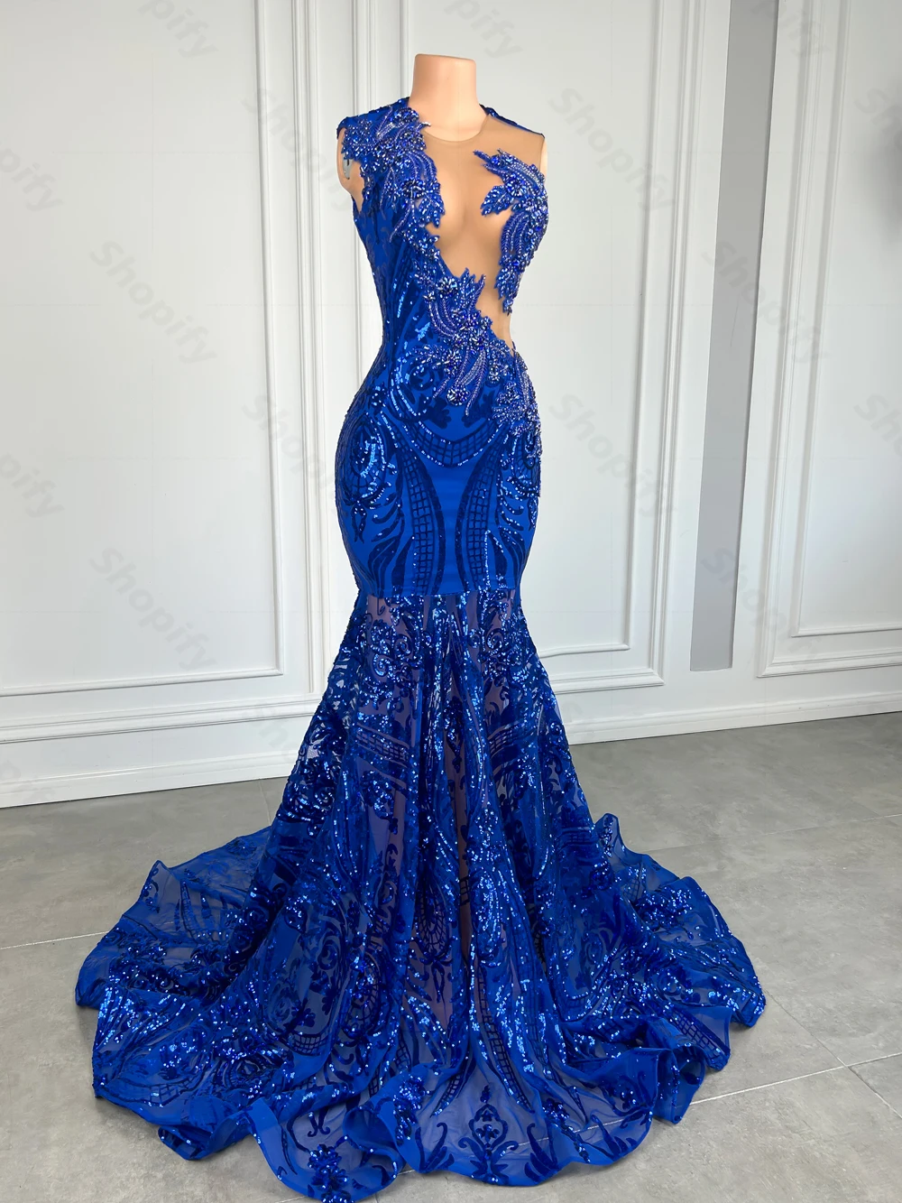 Elegant Royal Blue Mermaid Prom Dress For Black Girl Sparkly Lace Sequined Prom Party Gown African Women Long Prom Dresses