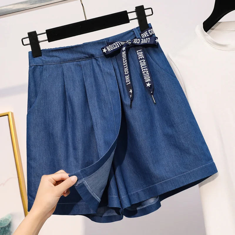 

XL-5XL Oversize Wide Leg Shorts Skirts Female Summer Thin Lmitation Denim Drawstring Korean Style Fashion Large Size Blue Shorts