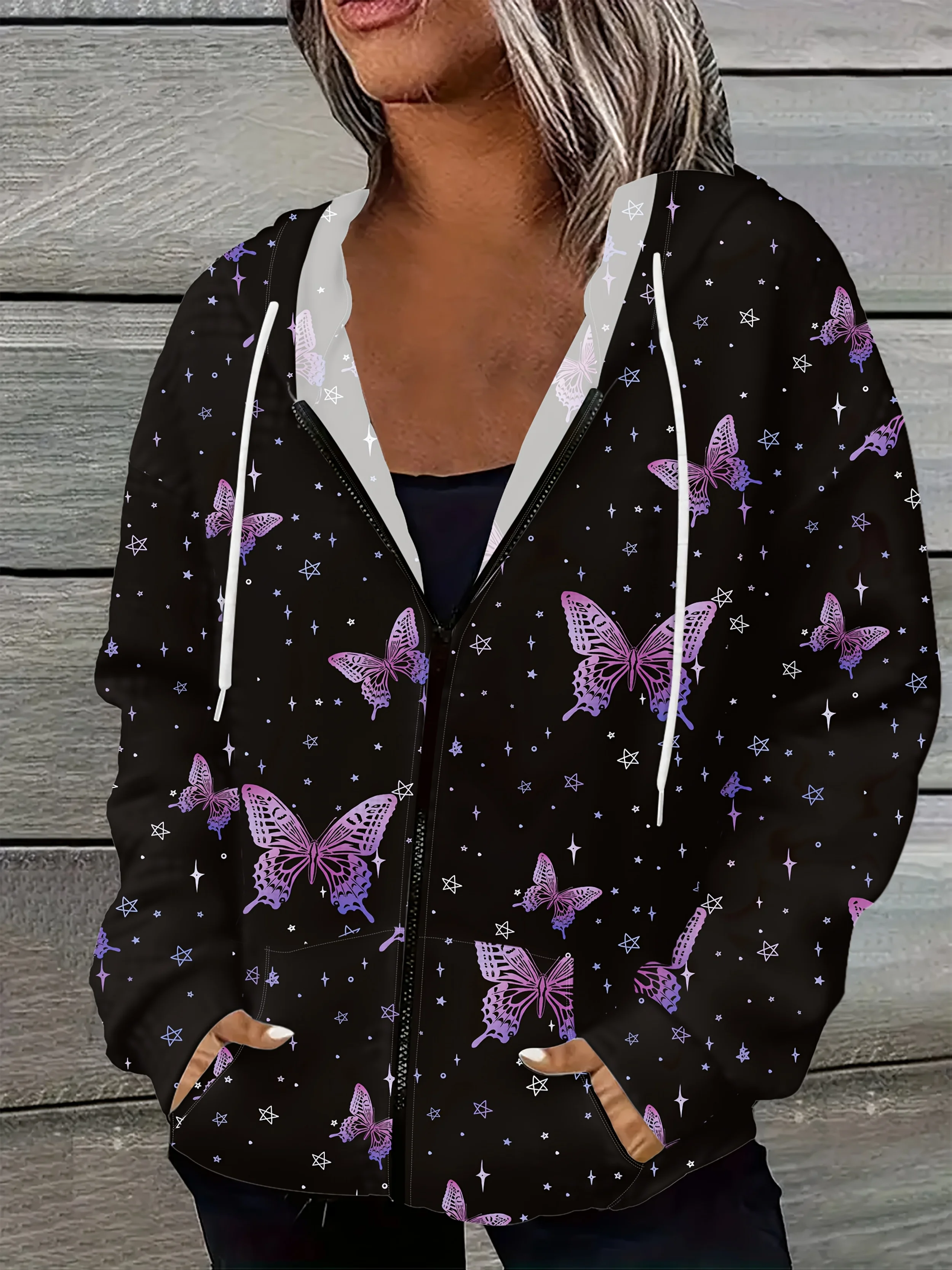Printed Design casual style Purple Butterflies Stars Pattern Print ladies' casual jacket