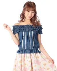 Sales Japan Liz Lisa Cotton Denim Crepe Lace stringy selvedge Slash neck Tee Short Sleeve Shirt