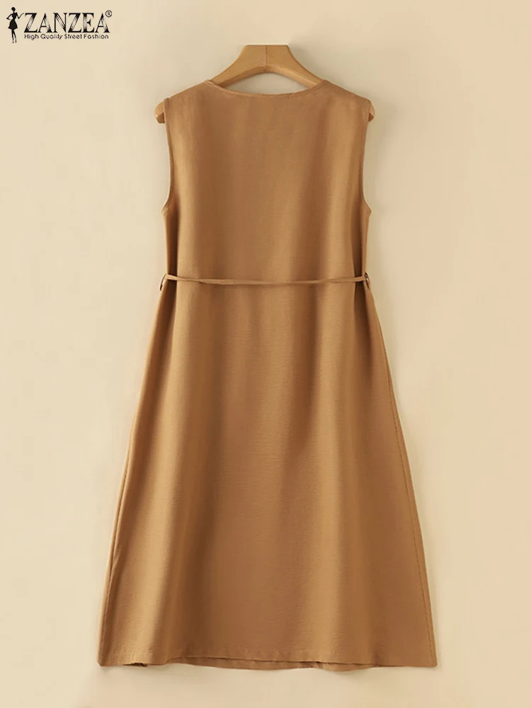 ZANZEA Women Round Neck A-lin Midi Dress Korean Casual Tank Robe Casual Solid Pleated Vestidos 2024 Summer Sleeveless Sundress