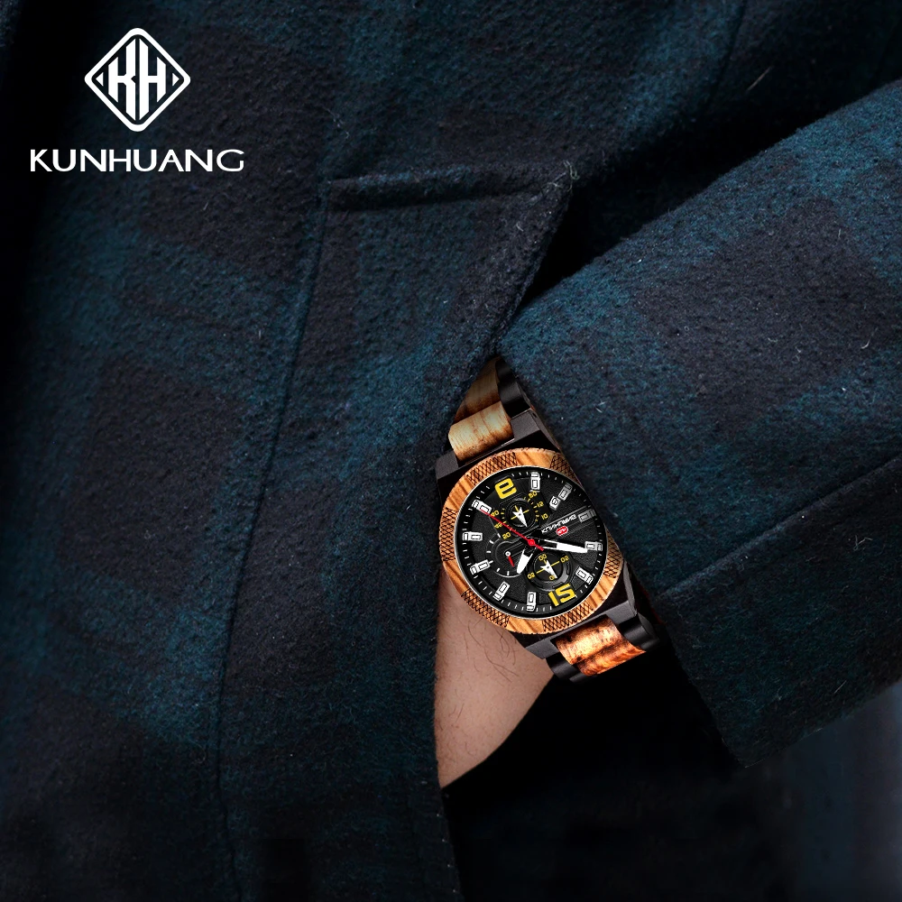 KUNHUANG Luxury Wood Stainless Steel Men Watch Stylish Wooden Timepieces Chronograph Quartz Watches relogio masculino Gift Man