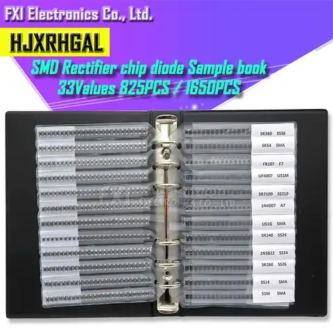 33Values 825PCS 1650PCS SMA Rectifier Diode Sample Book Assortment Kit SF18 1N5824 1N4007 SS220 RS1G SS24 RS1M ES1D SS26 SS36