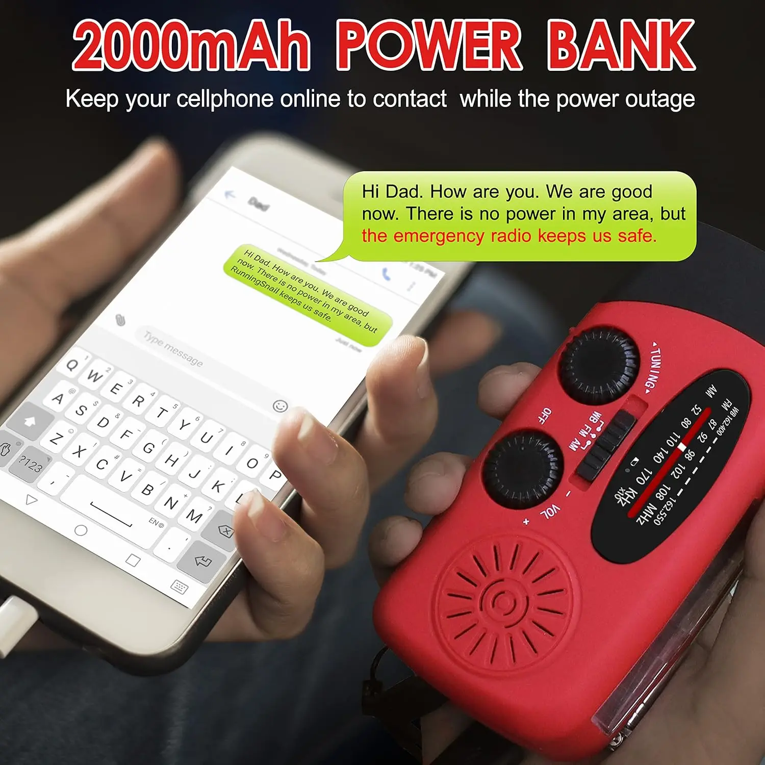 Emergency Hand Crank Radio  LED Flashlight AM/FM NOAA Portable Weather Radio  2000mAh Power Bank Phone Charger  Solar  Camping