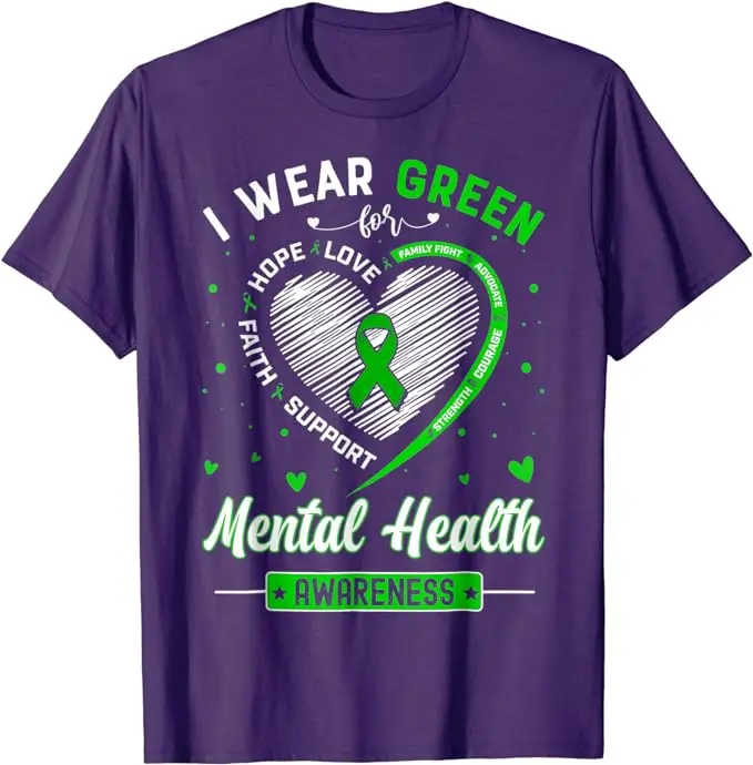 Heart I Wear Green for Mental Health Awareness Month T-Shirt Green Ribbon and Butterfly Graphic Tee Short Sleeve Blouses Gifts