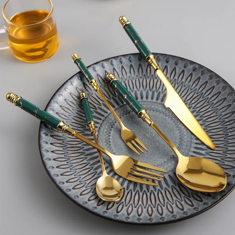 Nordic Style Stainless Steel Dinner Knife Fork Spoon Creative Fashion Marble Pattern Ceramic Handle Tableware Gold Cutlery Set