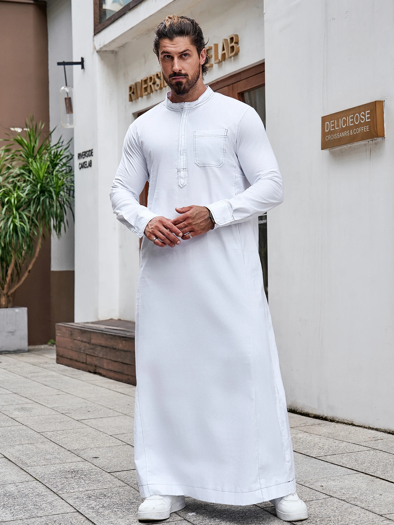 Túnica de manga larga de Color sólido para hombre, Túnica musulmana de Ramadán, Arabia Saudita, Oriente Medio, Dubái, malayo