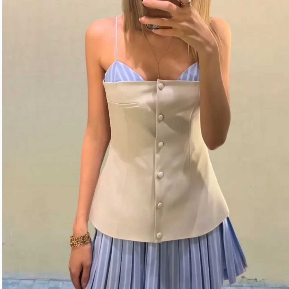 

Striped Sleeveless Dress Patchwork Wide Pleated Teenagers Adolescent Suspenders Short Skirt Casual Blue Color