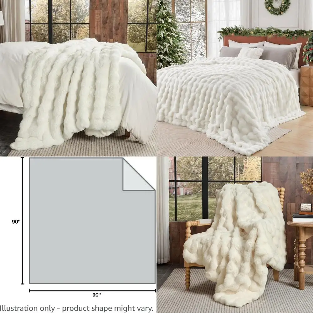

Cream White Queen Size Bubble Rabbit Fluff Faux Fur Blanket, 90 x 90