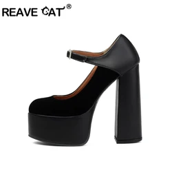 REAVE CAT 2024 Janes Women Pumps Shoes Round Toe 14cm Thick Block Heel 5cm Platform Suede Leather Buckle Big Size 41 43