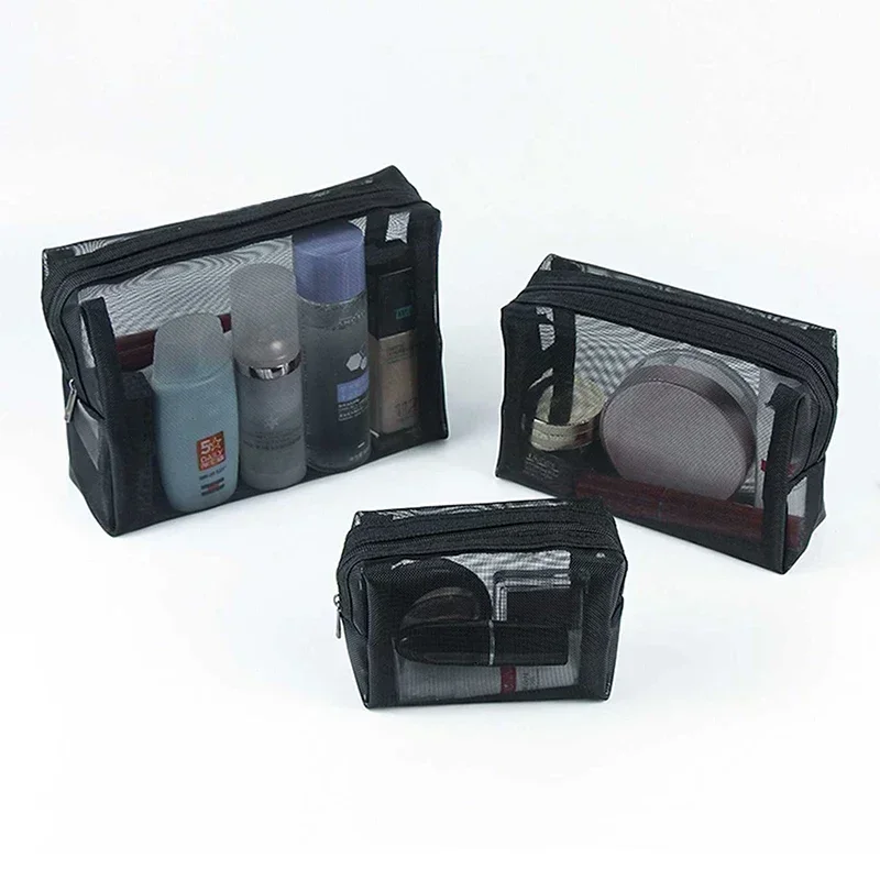 1PC Black Mesh Cosmetic Bag Small Large Makeup Bags Zipper Pouch for Offices Travel Storage Bags Toiletry Bags Makeup Pouch