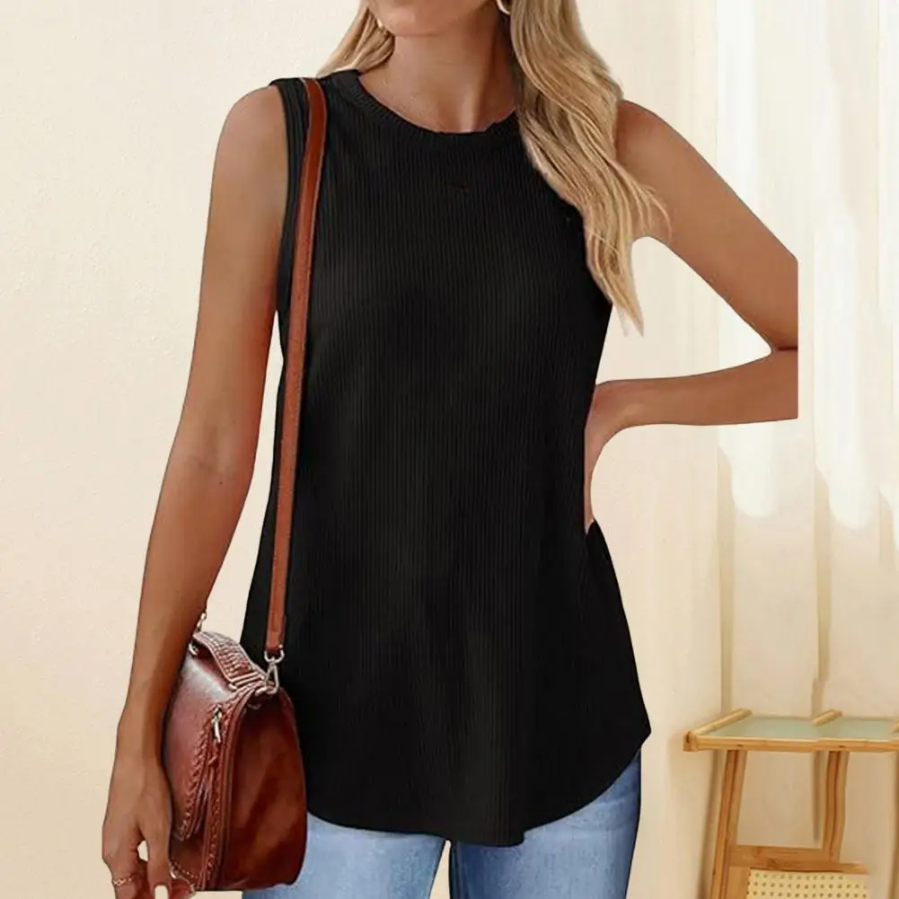 

Round Neck Top Women Shirt Stylish Summer Vest for Women O-neck Loose Fit Tank Top Solid Color Pullover Streetwear Mid-length