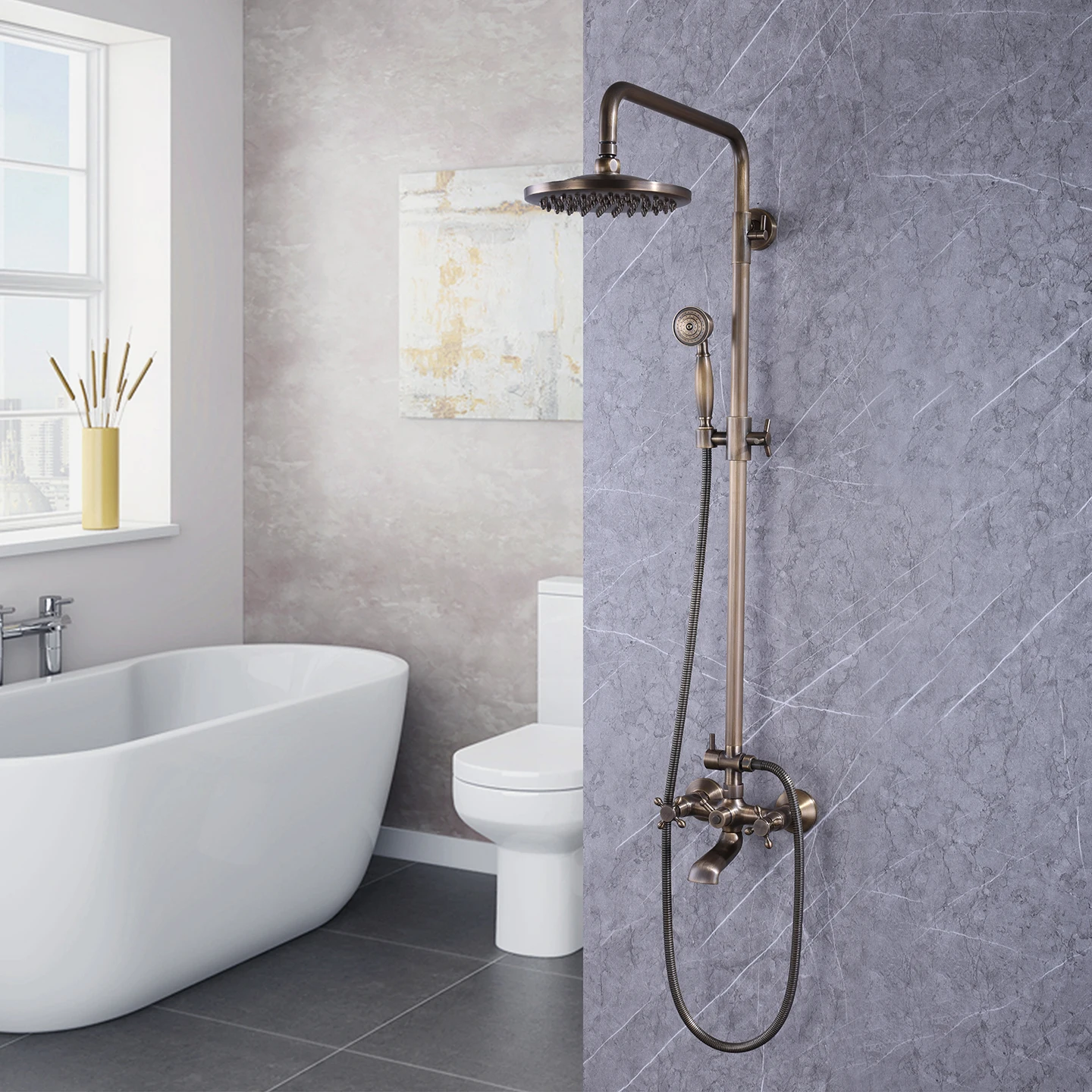 

Shower System with Hand Shower Wall Mount Bath Tub Faucet Sets with Handheld Shower Bathroom Hot Cold Mixer Shower Valve Antique