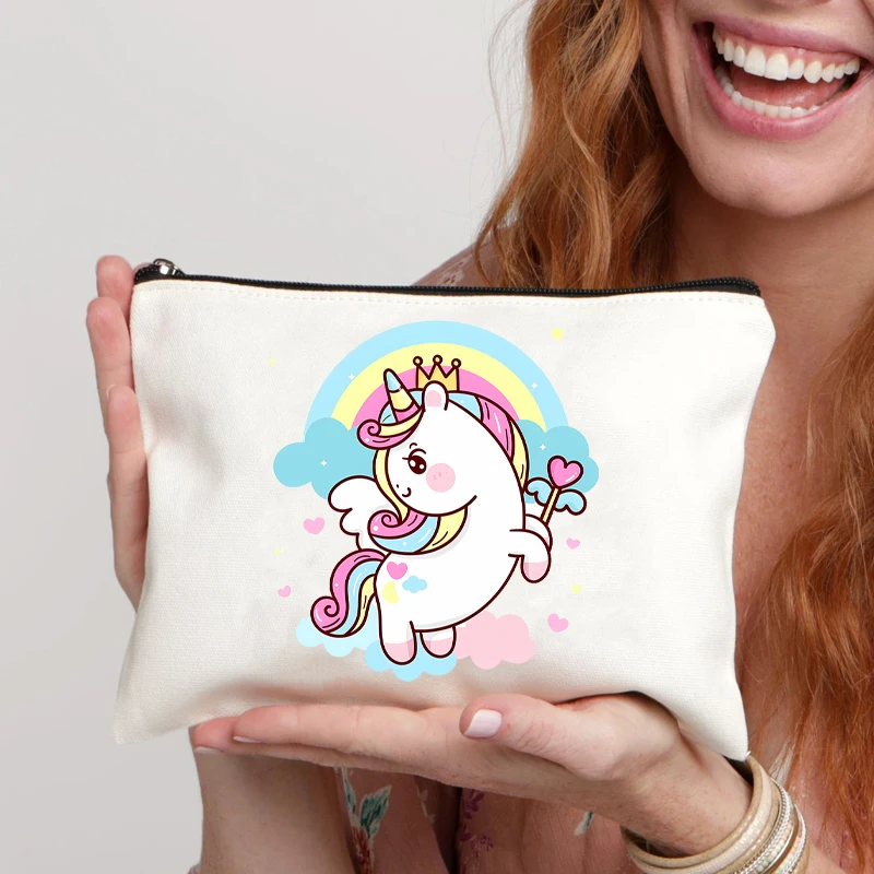 Bolsa de maquillaje con patrón de unicornio para mujer, estuche de lápices Kawaii para amantes de los dibujos animados, organizador de cosméticos para chica escolar, monedero lindo, regalo