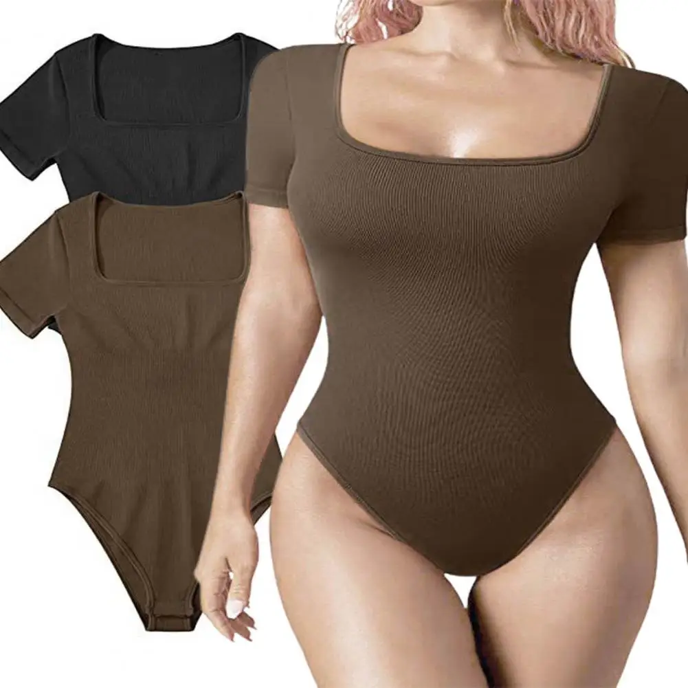 

Short Sleeve Bodysuit High Elasticity Women's Summer Bodysuit with Tummy Control Square Neck Short Sleeves Playsuit for Lady