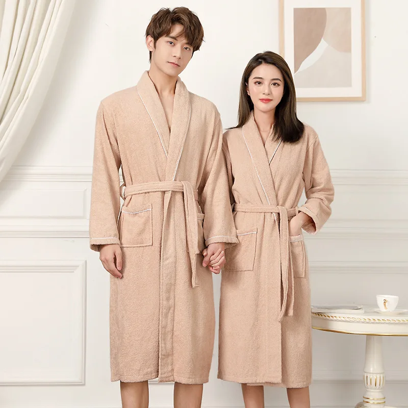 

100% Cotton Couples Long Thick Absorbent Terry Bath Robe Kimono Men Light Weight Towel Bathrobe Sleepwear Women Hotel Gown Robes