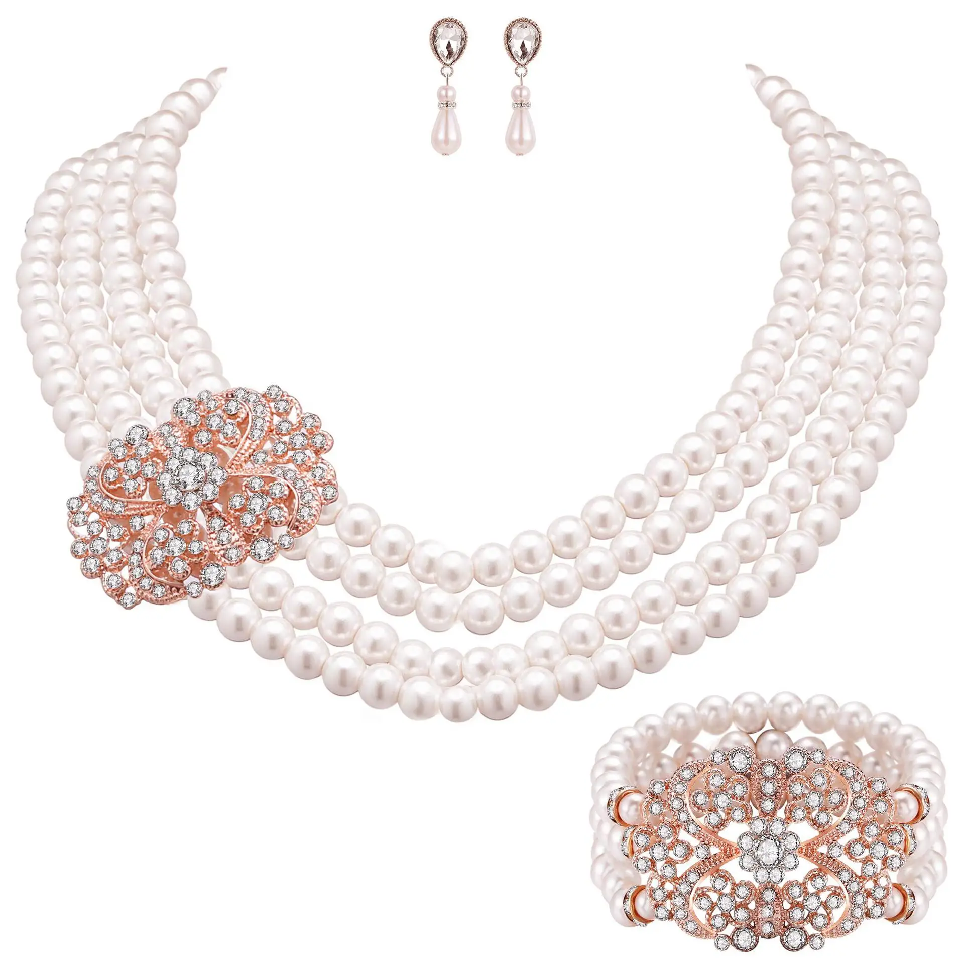 

Vintage multi-layer imitation pearl necklace with diamonds Hepburn style ladies French collarbone chain choker