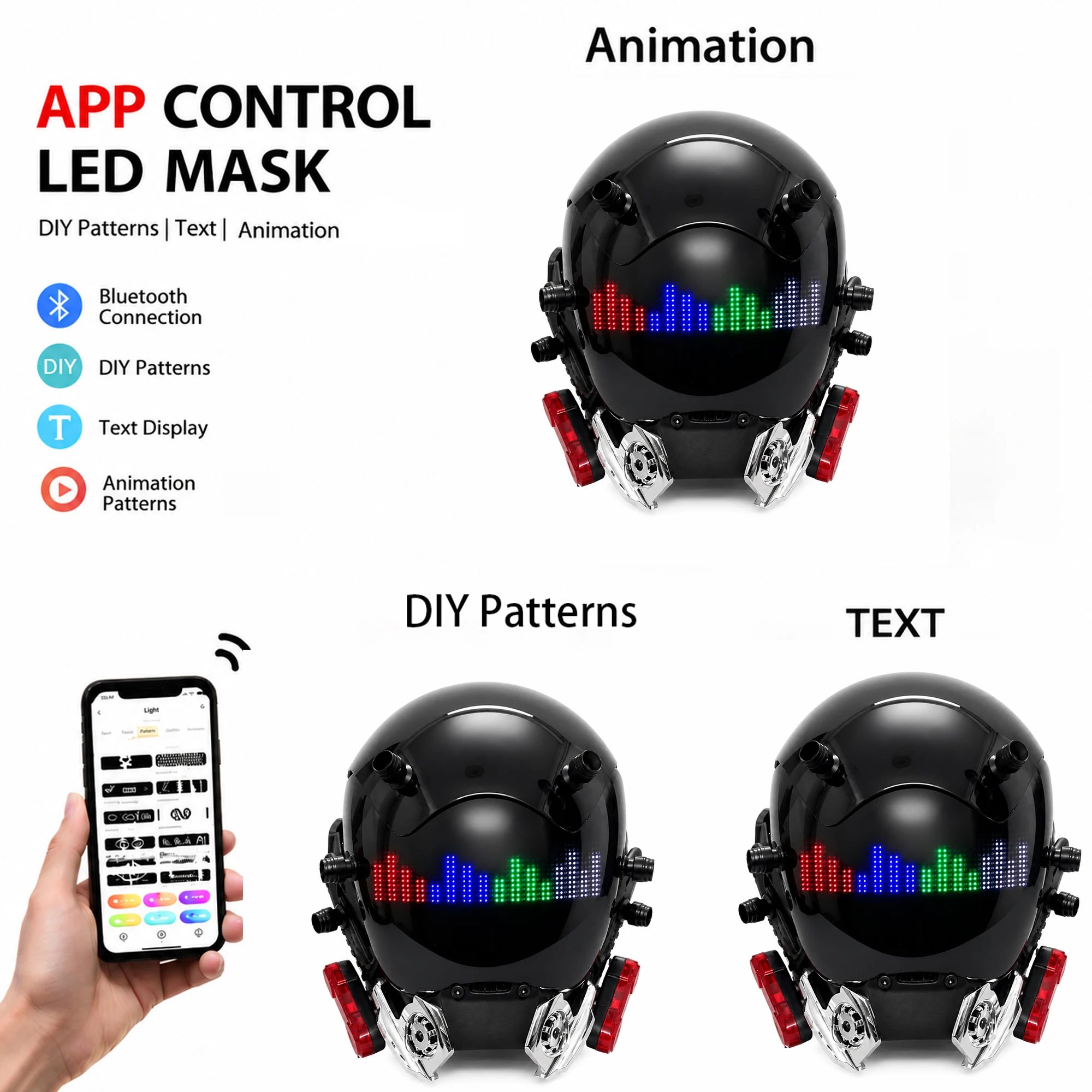 Cyberpunk  Mask  For Adult,LED Bluetooth Mask,Futuristic Punk Techwear,Cosplay Halloween Fit Party Music Festival