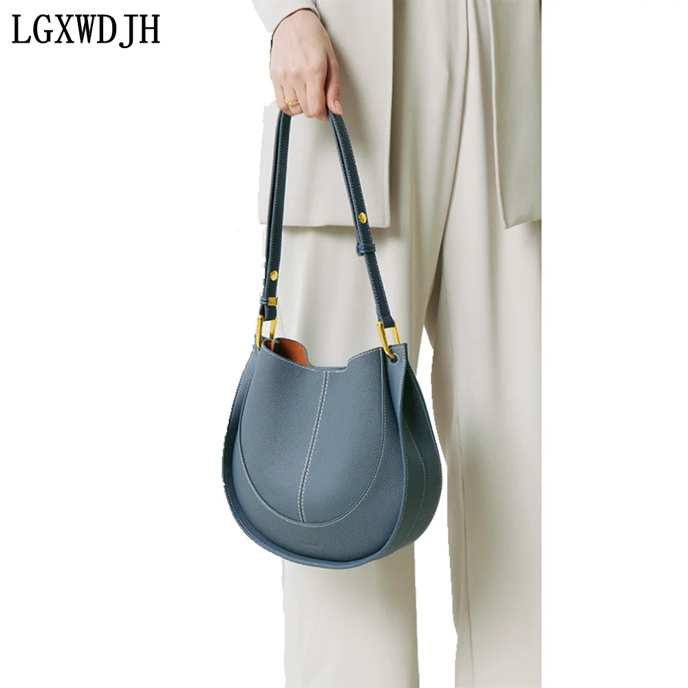 Niche Light Luxury Real Cowhide Women\'s Shoulder Bag Saddle Soft Leather Handbag Large capacity bucket type trend cross body bag