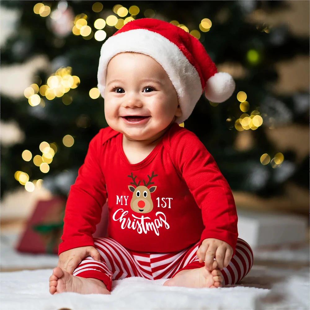 My 1st Christmas Deer Print Baby body, Pelele de algodón, mono de manga larga Unisex, ropa para niños pequeños, traje de Navidad