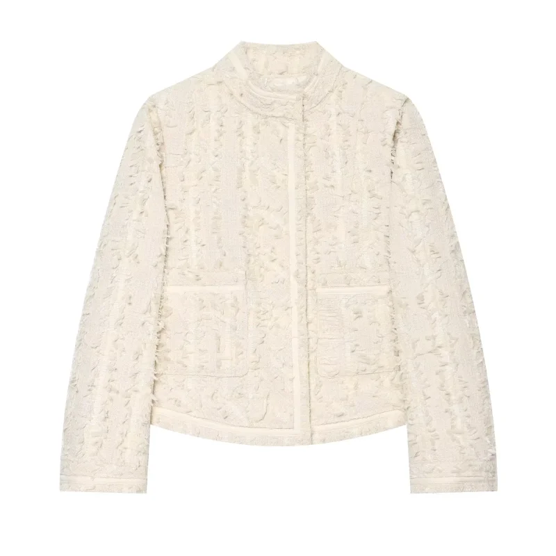 Elegant Women Textured Fringe Tweed Short Jacket Stand Collar Long Sleeve Pockets Jacquard Fabric Cropped For Daily Outerwear
