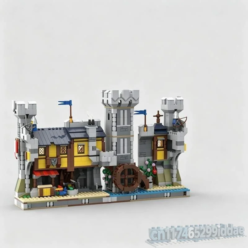 1092Parts Medieval River Town Book Nook MOC Custom Puzzle Castle Architecture Model Building Blocks DIY Creative Assembly Gift