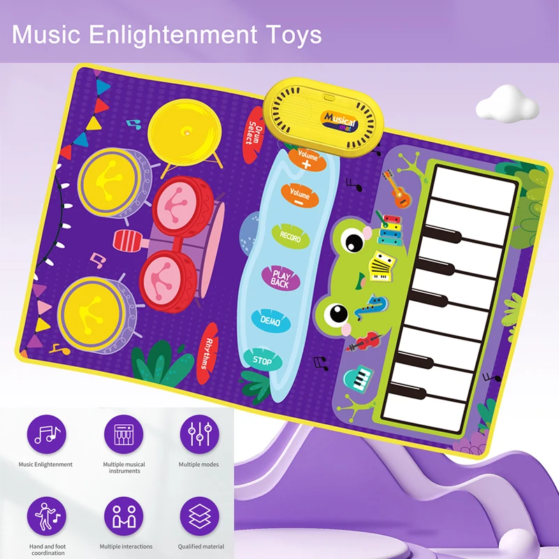 2 In 1 Piano Mat for Kids Toddler Piano & Drum Mat  with 2 Sticks Music Touch Play Carpet Music Instrument Education Toys Gift