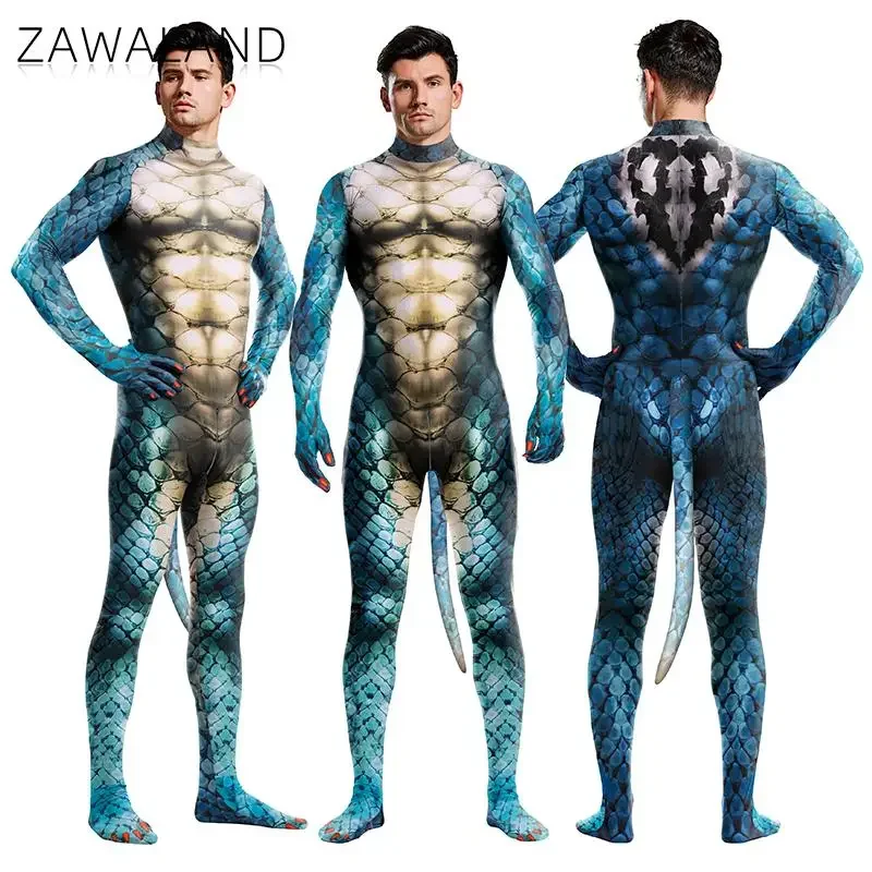 Zawaland Snake Costume with Tail Halloween Cosplay Petsuit for Man Crotch Zipper Carnival Catsuit Holiday Zentai Bodysuit Outfit