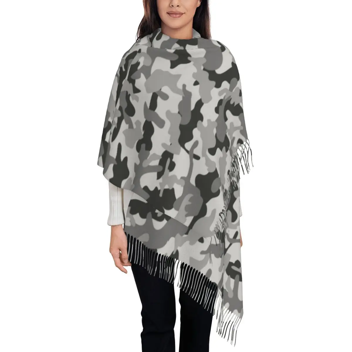 Women's Scarf with Tassel Camouflage Grey Pattern Large Super Soft Shawl Wrap Camo Daily Wear Pashmina Scarves