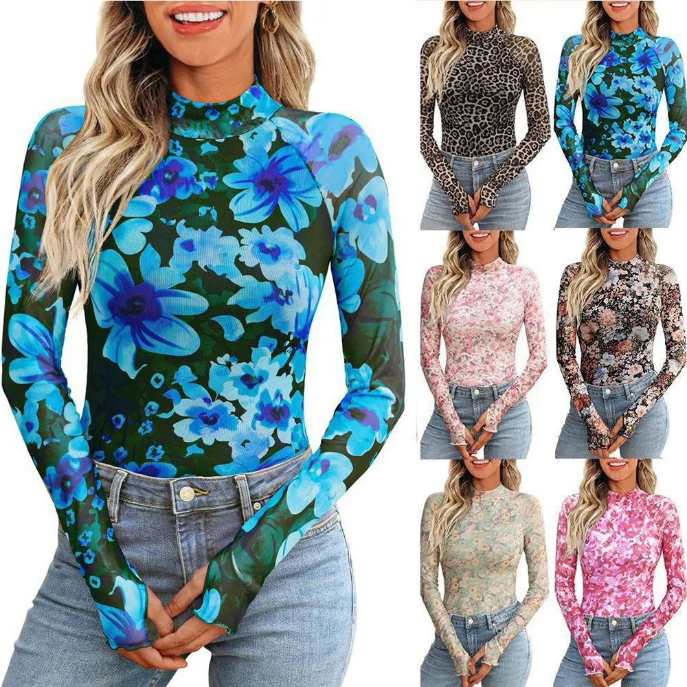 

Figure-Flattering Top Micro-Mesh Botanical Y2K-Printed Top Long-Sleeve Fitted Slim Top Ribbed Stretchy Semi-Sheer T-Shirt