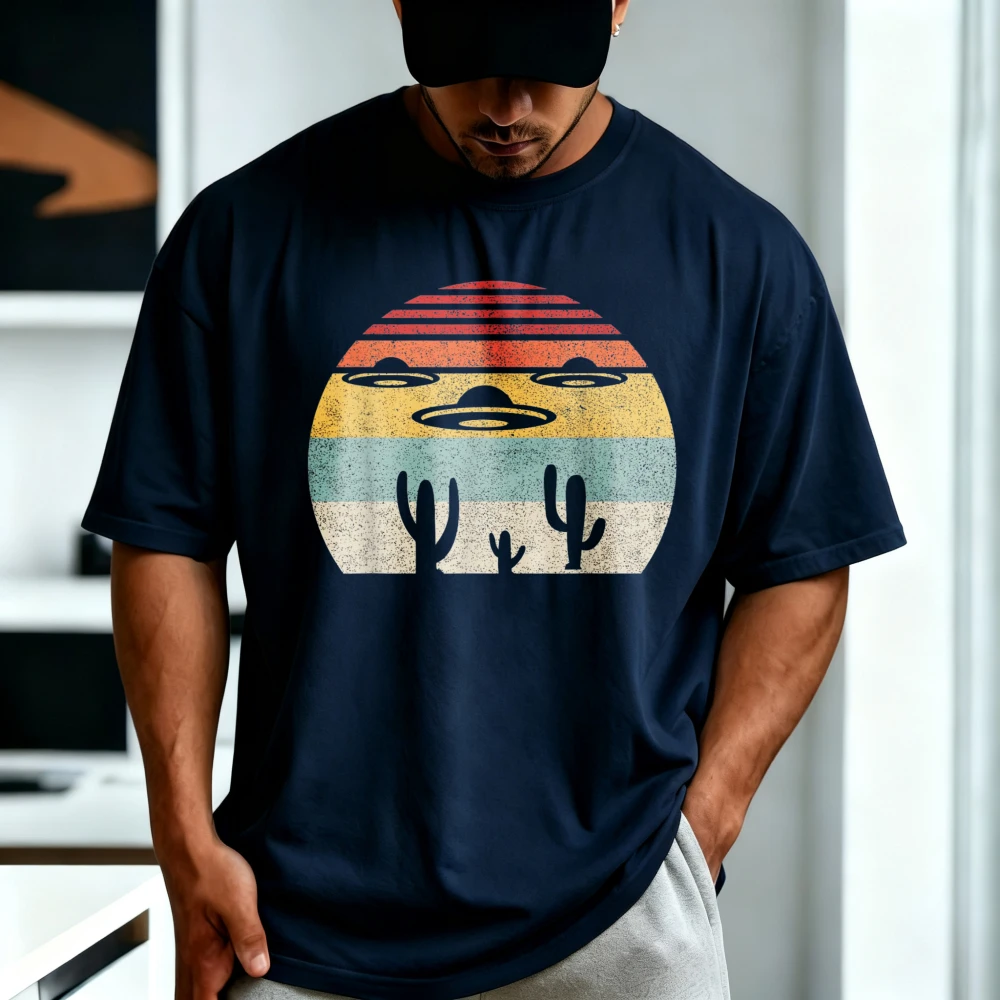 Vintage UFO Alien Abduction Desert Graphic Printed T-Shirt Cotton Summer Short Sleeve Casual Fashion Man Women Clothing