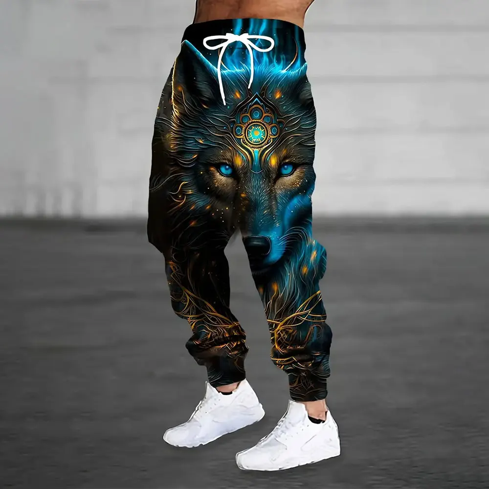 2024 New Fashion 3D Flame Print Color Matching Sweatpants Winter Thick Warm Pants Men Loose Casual Pocket Drawstring Sweatpants