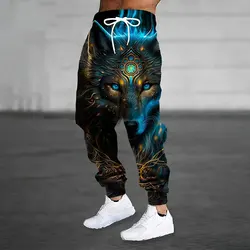 Winter New Thick Warm Pants Men's Large Size Loose Casual Pocket Draw Rope Sports Sweatpants Retro Wolf Print Sweatpants