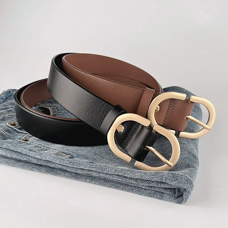 Golden Alloy Ring Buckle Genuine Leather Jeans Dress Belt Casual Fashion Retro Luxury Women's Belt For Going Out