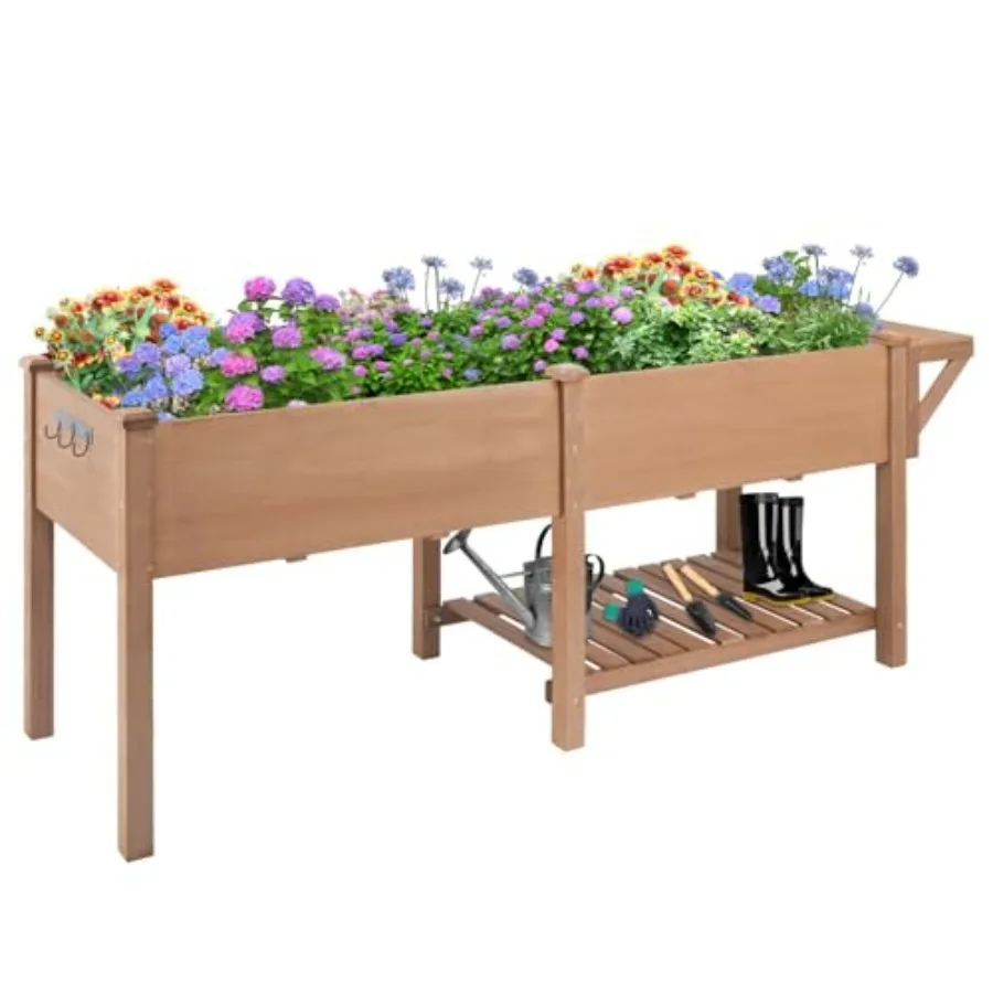 Raised Garden Bed with Legs for Outdoor Use, Brown Steel Frame with Protective Liner, Elevated Garden Box with Storage Shelf, I