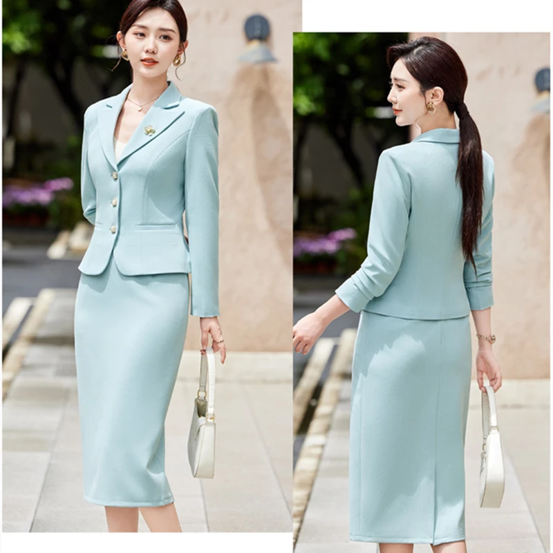 Office Suit Women Front Desk Host Commuter OL Long Sleeve Blazer Skirt Elegant 2 Piece Set High Quality Professional Suit Jacket