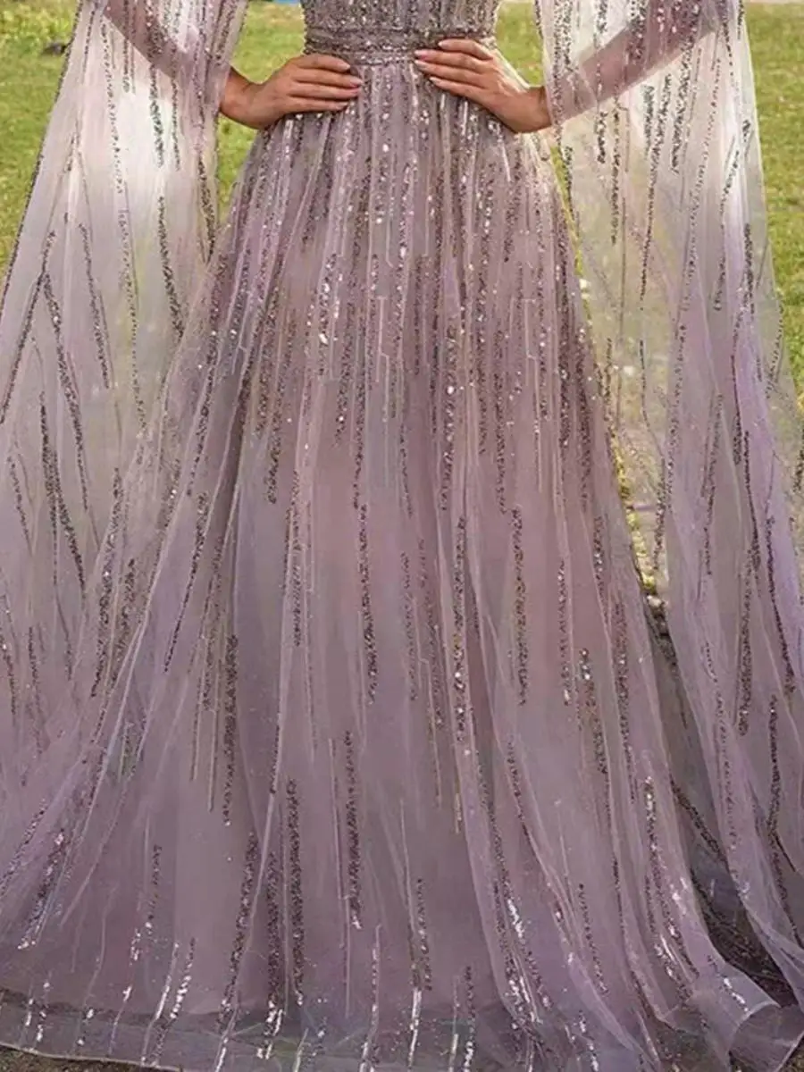 Ele Long Evening Dr مع الدانتيل والترتر للنساء لربيع وصيف فايون تفاصيل شرابة تنورة ميدي مادة البوليستر