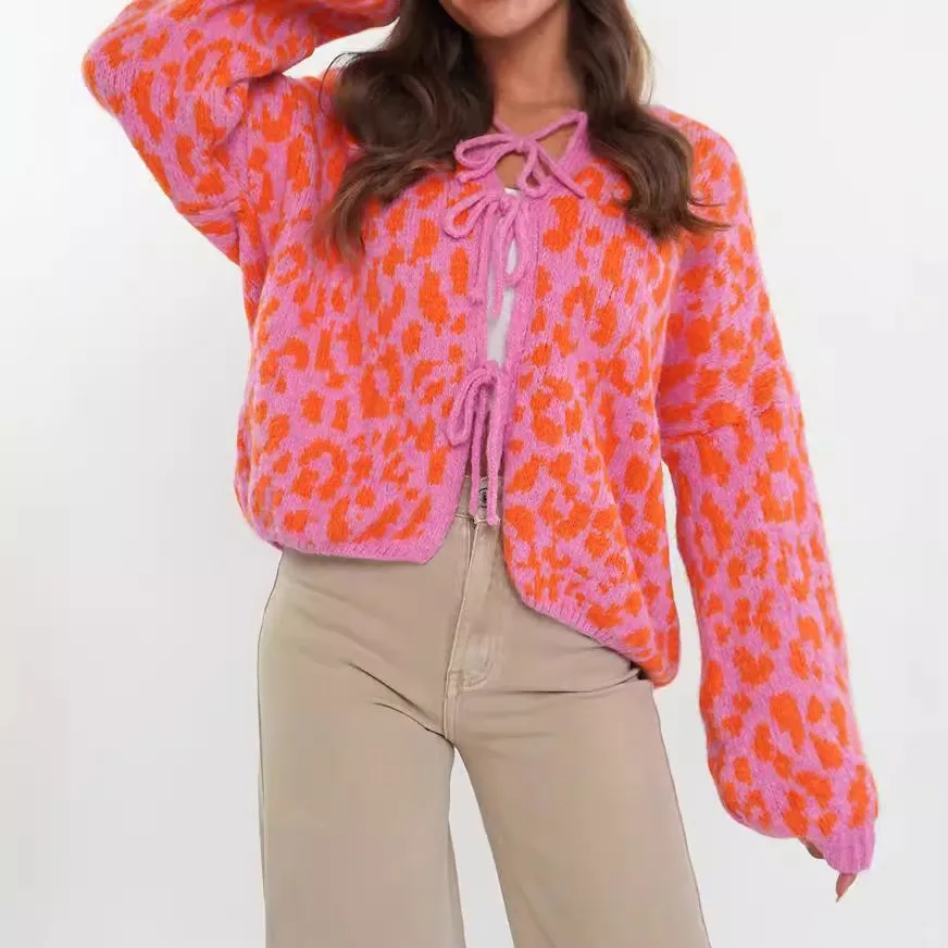 Tie Round Neck Sweater Slim Fit Sweet and Fresh with Hip Length Street Long Sleeve Open Front Leopard Print Cardigan for Women
