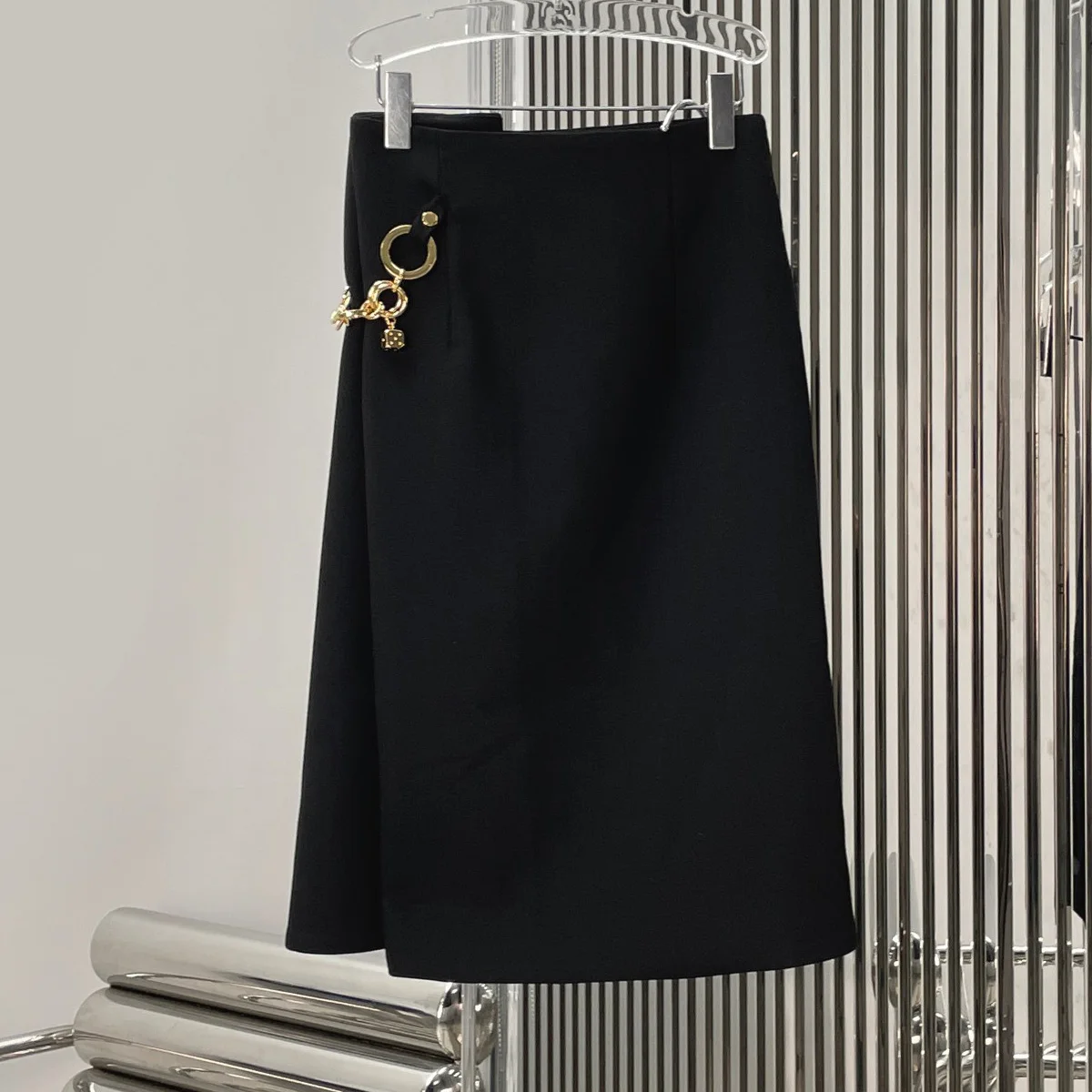 High Quality Women High Waist Wrap Midi Skirt With Metal Chain Dice Decor Straight Office Skirt lyt132639