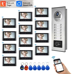 7 Inch WiFi Video Intercom for 2~12 Apartments Door Access Control System Tuya Smart APP Remote Unlock,Call and Monitor