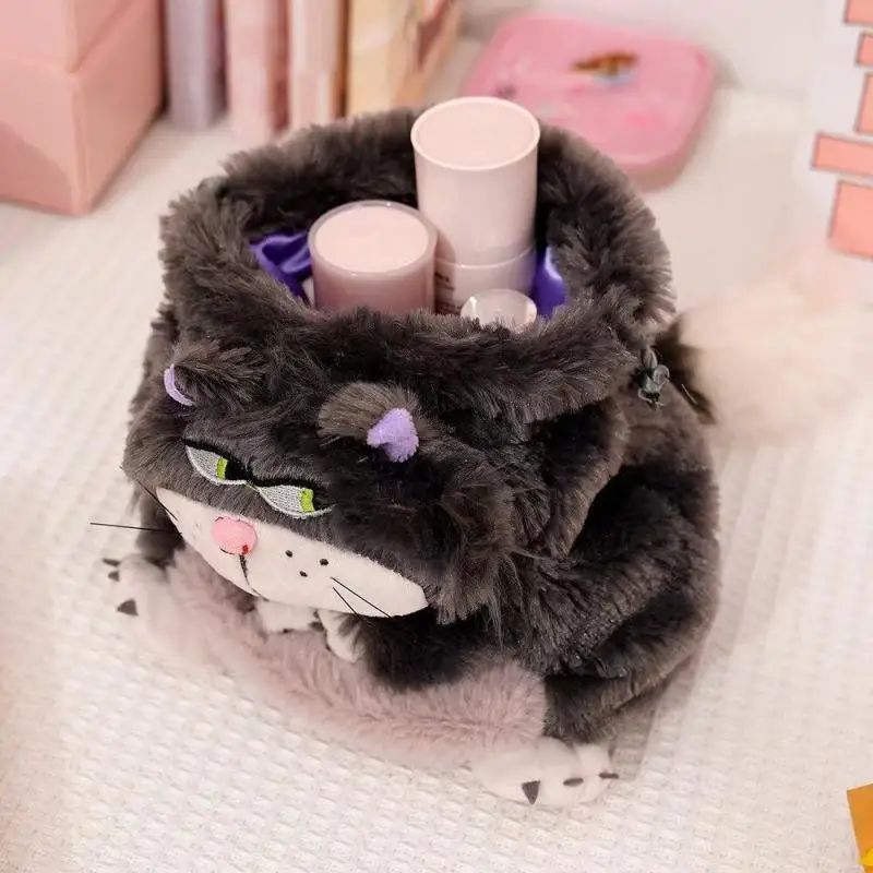 Kawaii Cat Fluffy Puffy Cutte Banded Pocket Anime Cinderellas Lucifers Plush Handbag Plushie Doll Cartoon Storage Bag Girl Gift