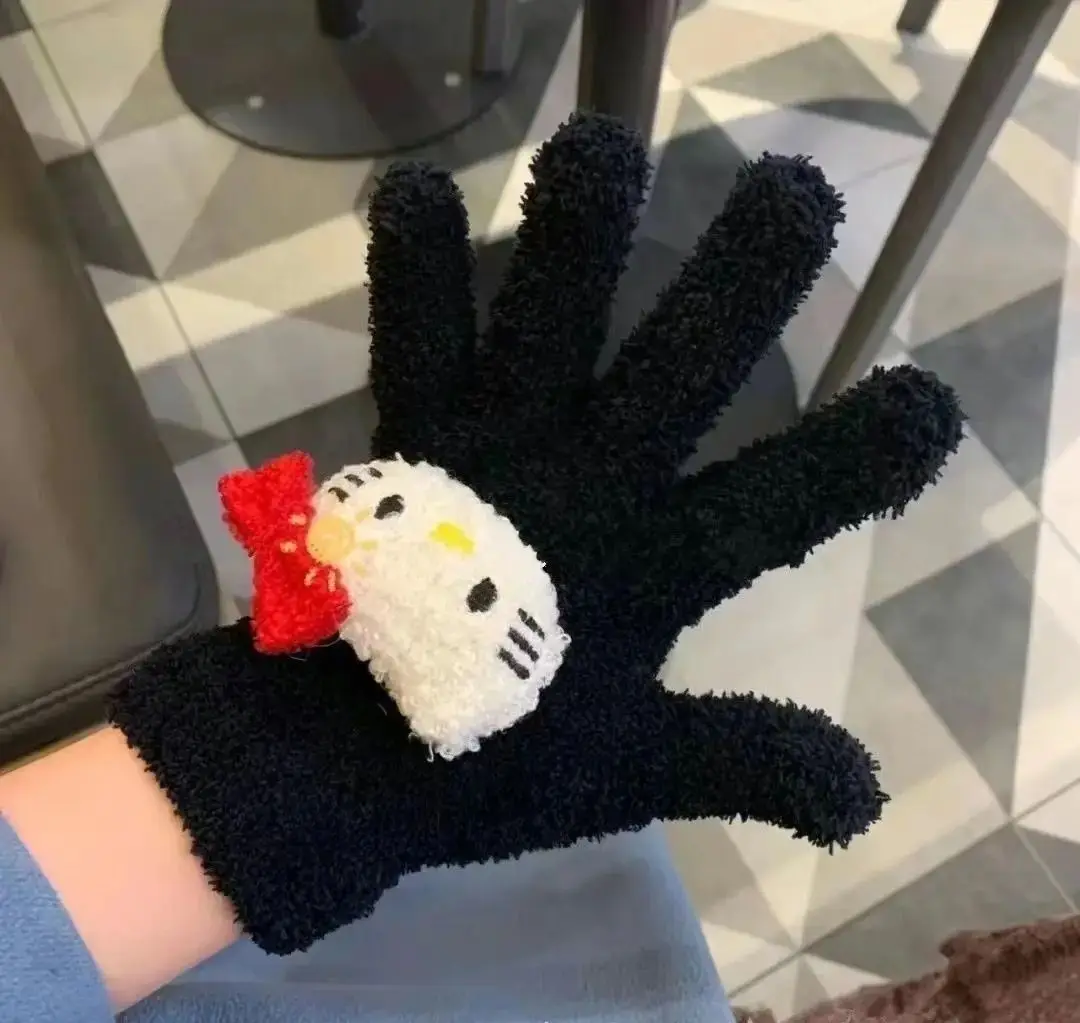 Cute Sanrio Kitty Gloves Plush Coral WinterWarm Candy-colored Gloves HELLO KITTY CuteGloves Student Cycling Five-finger Gloves