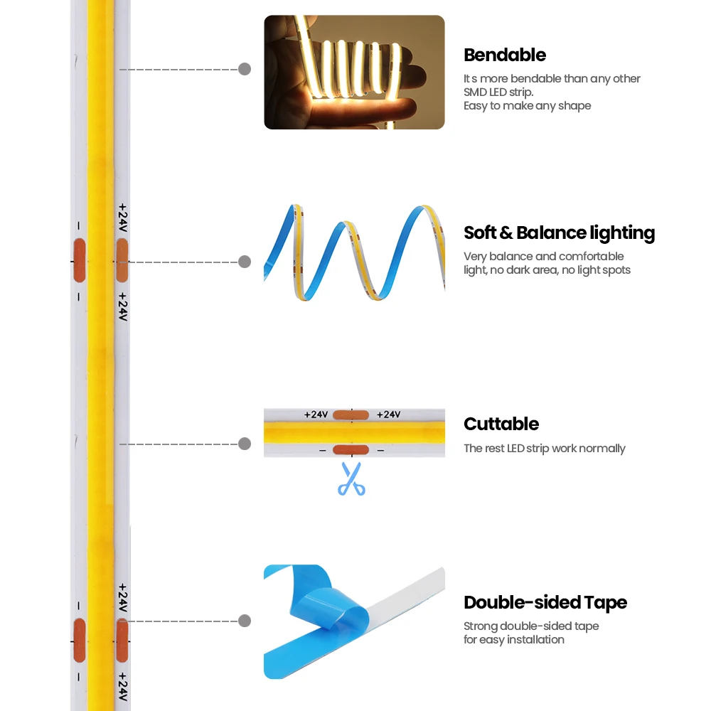 8mm COB LED Strip High Density 320 480 528 LEDs/m DC12V/24V Flexible Linear Light Bar Warm Natural Cold White for Decor Lighting