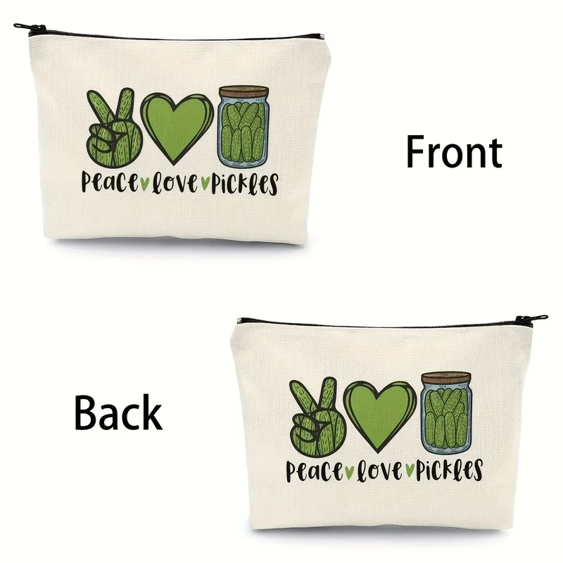 1Peace and Love Pickle Pattern Makeup Travel Bag，Hand Washable、Lightweight、Non-fading polyester zipper bag，Suitable for Ladies、g