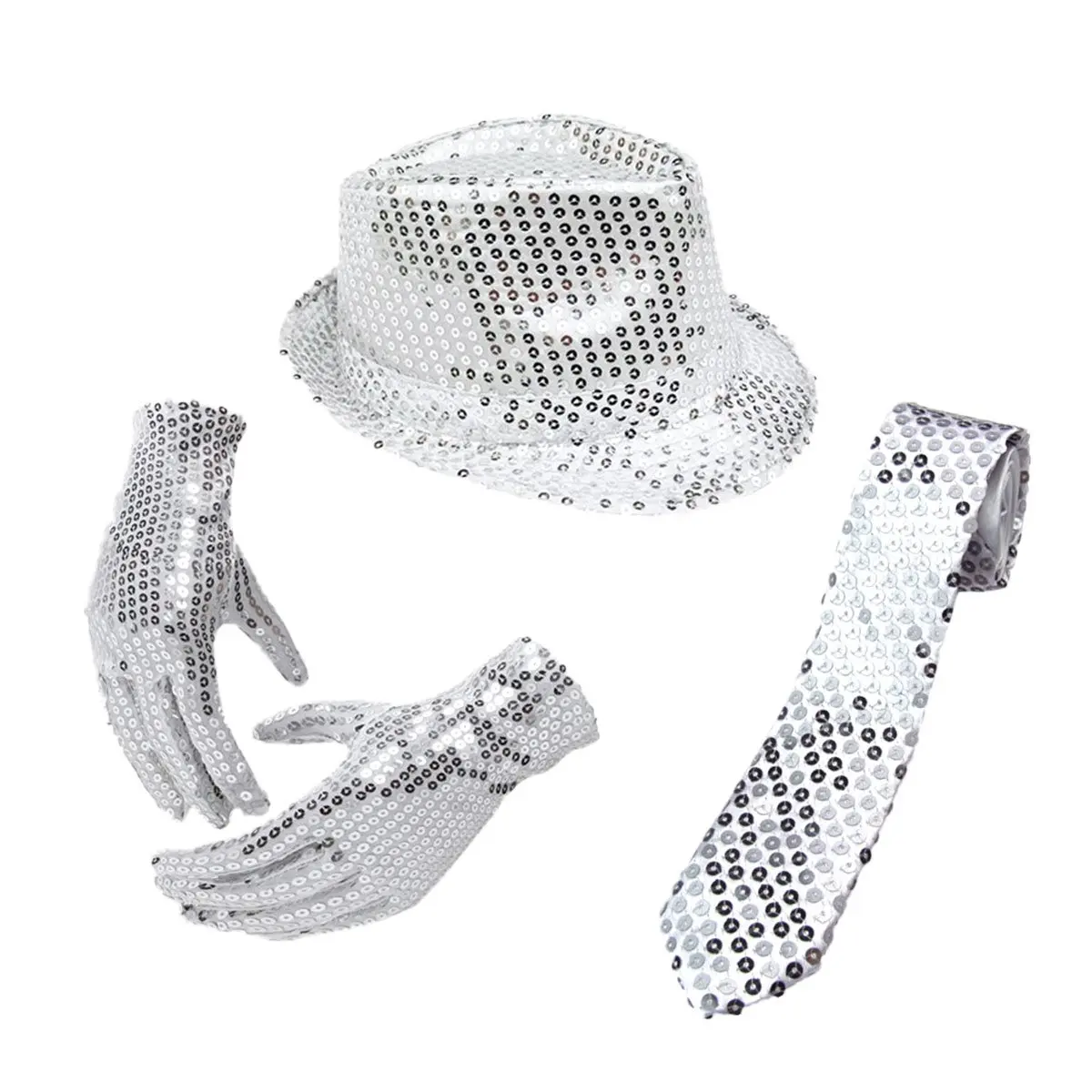 Conjunto de 3 Accesorios Brillantes con Lentejuelas para Danza Jazz: Sombrero, Corbata y Guantes Plateados Talla M para Niños y Adultos, Estilo Elegante Caballero