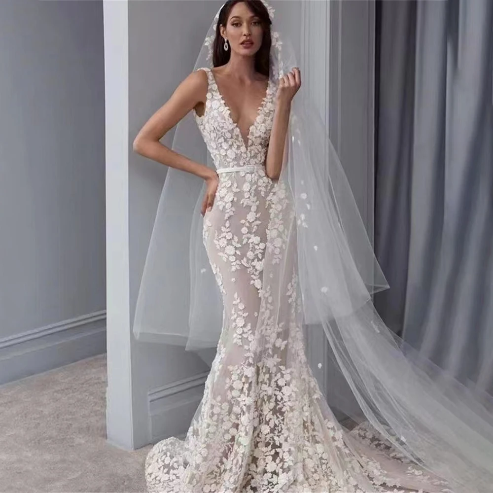 

Elegant V-neck Sleeveless Mermaid Wedding Dress Bride Gown Lace Applique Formal Wedding Gowns Bride Dress for Women Customized