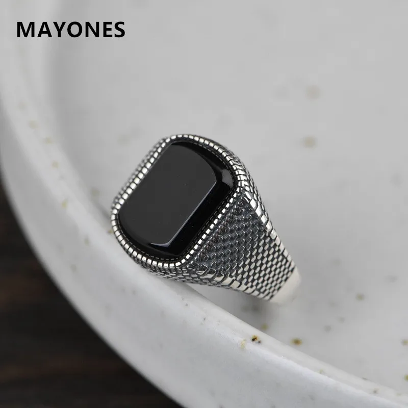 

Настоящее серебро S925, прямоугольное кольцо с черным агатом для мужчин и женщин, простые атмосферные элитные ювелирные изделия в стиле ретро