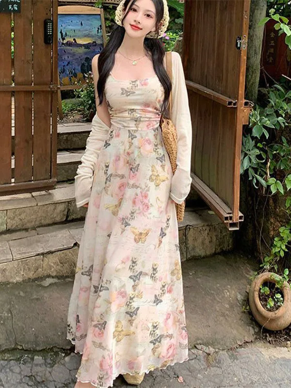 

Floral Print Halter Dress Women's Set Sweet Japanese Style Low Waist A-Line Midi Skirt with Bow Tie Summer Dress