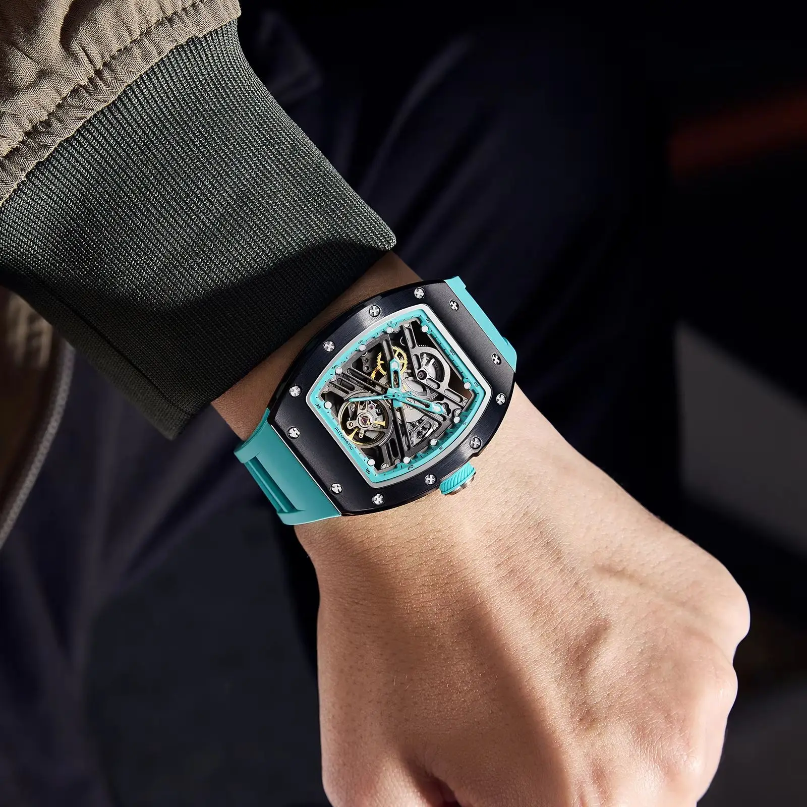 3.0 Square Black Skeleton Automatic Men Watch Engraved Movement Luminous Hands Mechanical Watches Luxury Stainless Steel