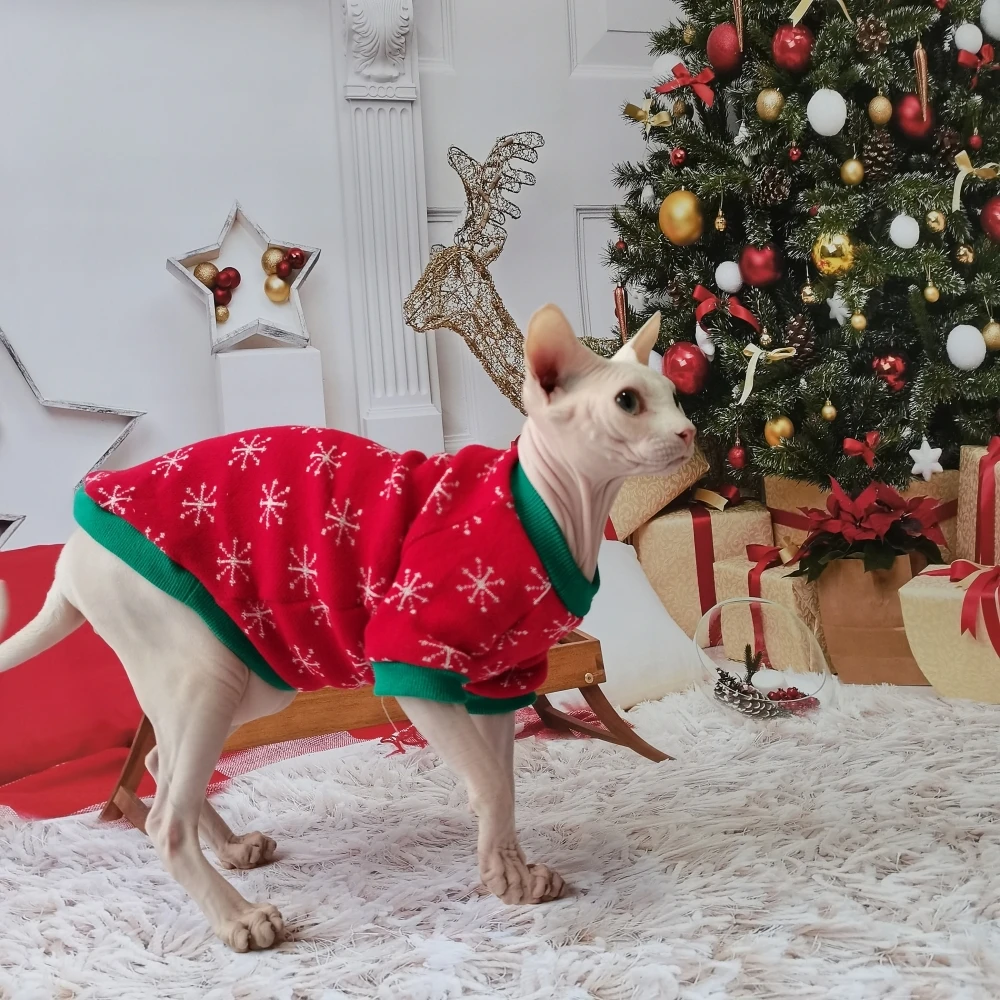 New Christmas Snow Suit Clothes for Sphynx Cat Warm Sweater for Hairless Cat Winter Coat Fleece Jacket for Devon Rex Pet Product